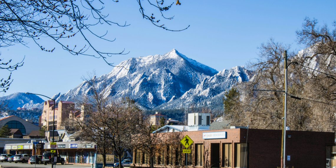 Flatirons mountains in Boulder on a clear winter day