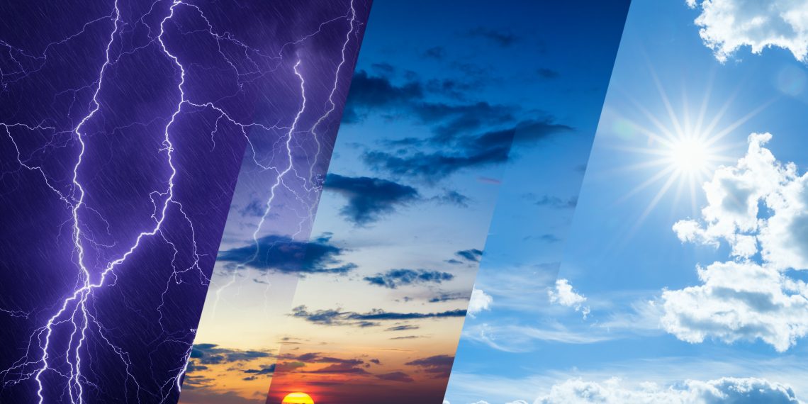 Boulder weather concept collage with storm, clouds, sunset, and sunny skies