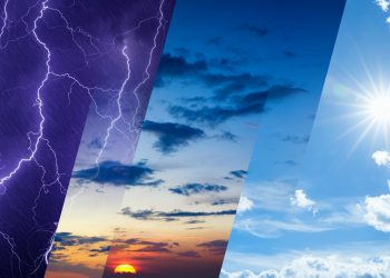 Boulder weather concept collage with storm, clouds, sunset, and sunny skies