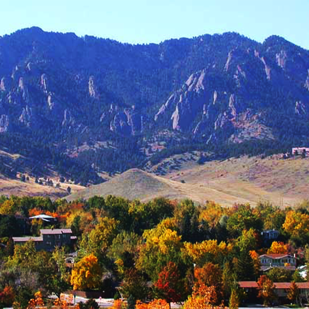 Flatirons with fall foliage in Boulder