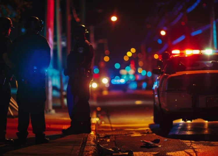 Police officers standing near a patrol car at night