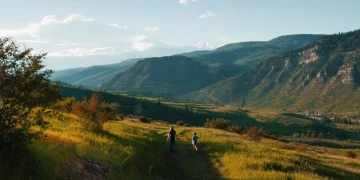Lady and child walking a grassy trail at Chautauqua Park with mountain views