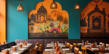Colorful Indian restaurants have interiors with vibrant décor and warm lighting.