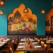 Colorful Indian restaurants have interiors with vibrant décor and warm lighting.