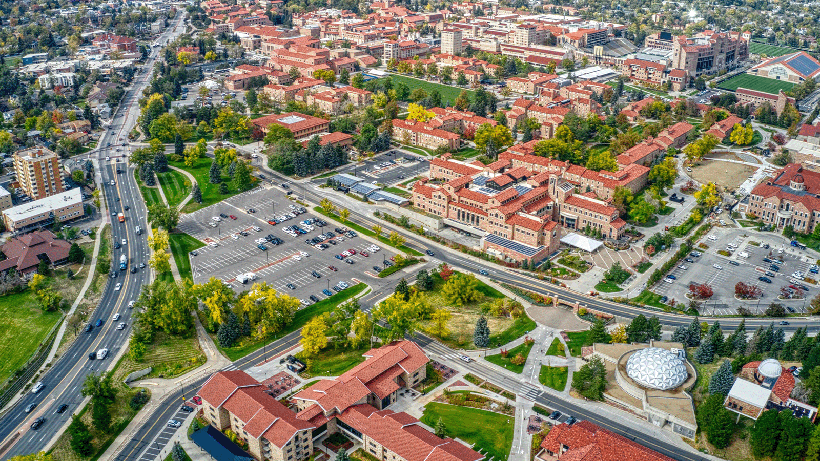 Aerial view of the University of Colorado Boulder campus