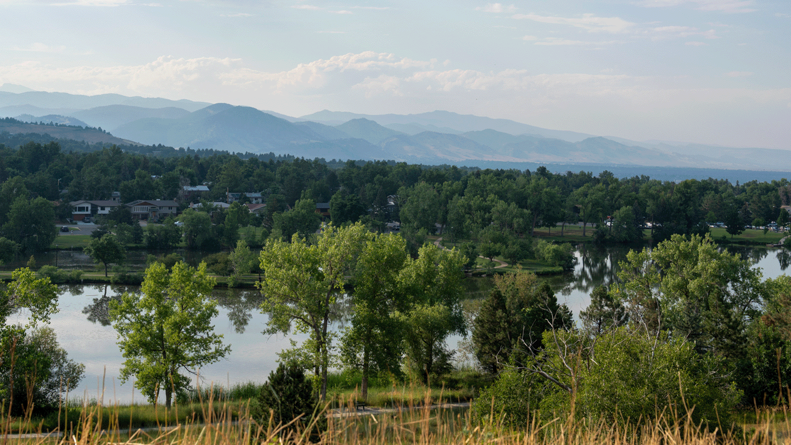 Scenic landscape with water, trees, and mountains