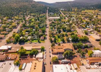 Top-down view of houses and crossroads
