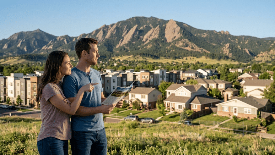 Couple overlooks Boulder neighborhood