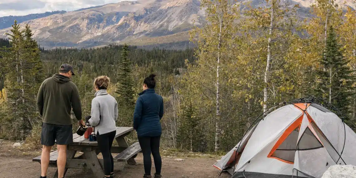 Morning coffee at camp near boulder