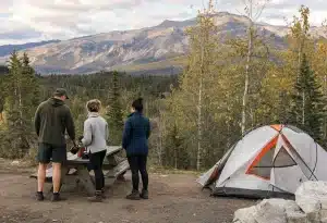 Morning coffee at camp near boulder