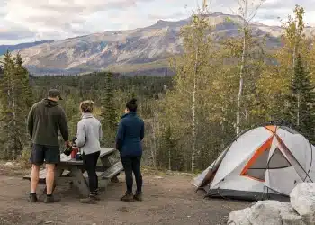 Morning coffee at camp near boulder
