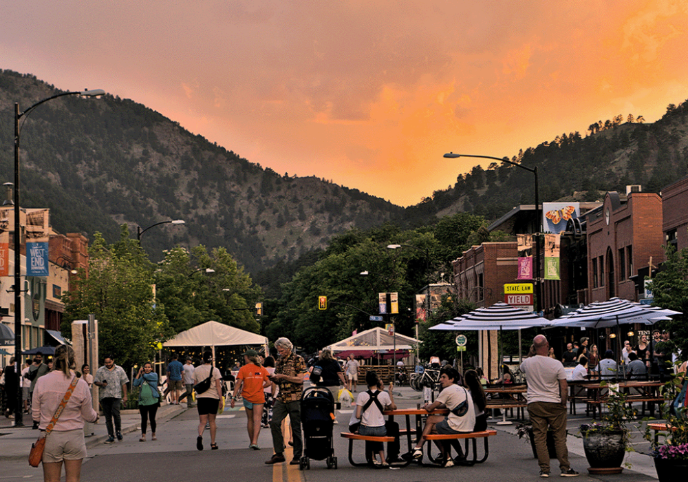 People enjoying a summer evening in downtown Boulder, Colorado