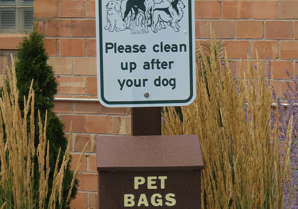 Pet waste bag station with 'Please clean up after your dog' sign